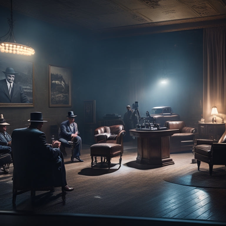A dimly lit, smoke-filled room with a giant screen displaying a montage of iconic gangster movie scenes, surrounded by vintage cameras, film reels, and worn leather armchairs.