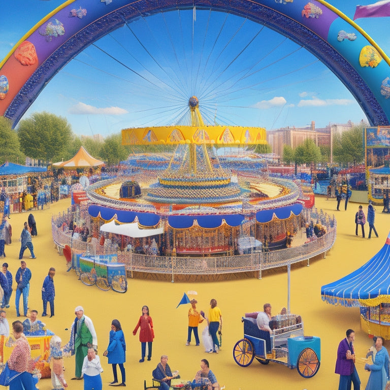 A vibrant illustration of a bustling fairground, featuring a wheelchair-accessible Ferris wheel, ramps leading to colorful game stalls, and a sign with a hearing loop symbol, surrounded by diverse people of all ages.