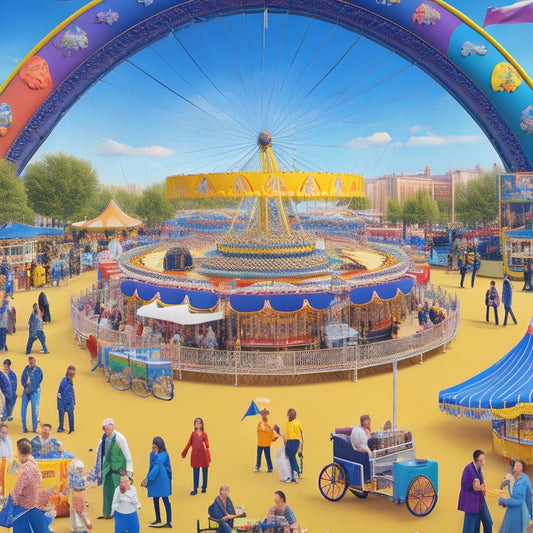 A vibrant illustration of a bustling fairground, featuring a wheelchair-accessible Ferris wheel, ramps leading to colorful game stalls, and a sign with a hearing loop symbol, surrounded by diverse people of all ages.