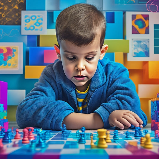 A colorful illustration of a curious kid surrounded by a puzzle, chessboard, and coding blocks, with a digital tablet and laptop in the background, amidst swirling thought bubbles and abstract strategy patterns.