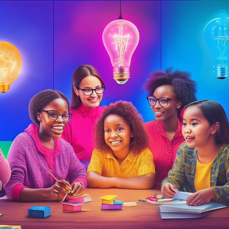 A vibrant illustration of diverse educators from various age groups and ethnicities, gathered around a glowing lightbulb, surrounded by swirling sparks, books, and colorful learning tools.