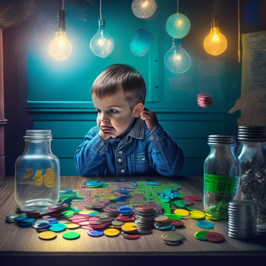 A colorful illustration featuring a puzzled child surrounded by scattered coins, bills, and a few math problems on a chalkboard in the background, with a lightbulb moment above their head.