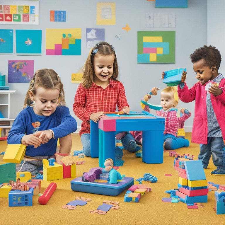 A colorful illustration of a preschool classroom with blocks, shapes, and puzzles scattered around, featuring happy children engaging in math-based play, surrounded by tablets and laptops with interactive math games.