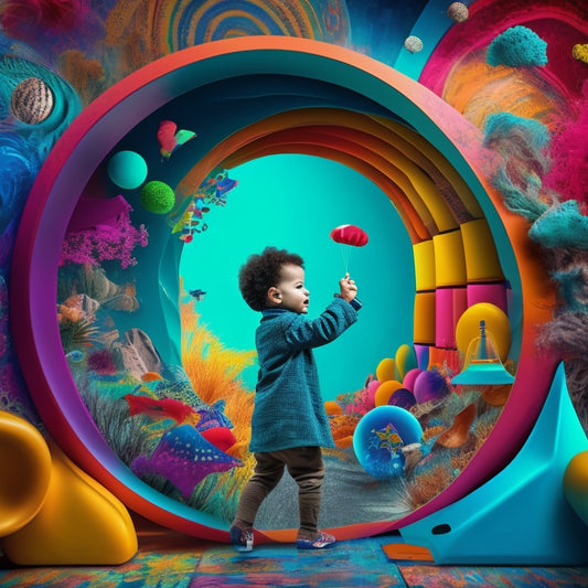 A whimsical illustration of a curious child surrounded by interactive book elements: flaps, pop-ups, and pull-out tabs, amidst a backdrop of vibrant colors and swirling shapes.