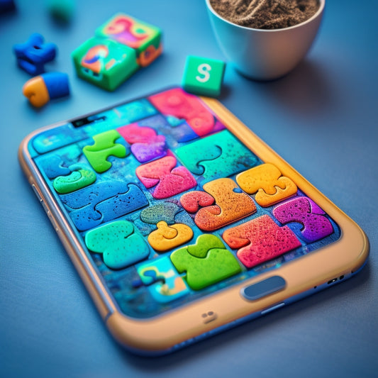 A cluttered iPhone screen with multiple puzzle app icons, each with a unique design and color scheme, surrounded by scattered puzzle pieces and a subtle background of a brain's neural connections.