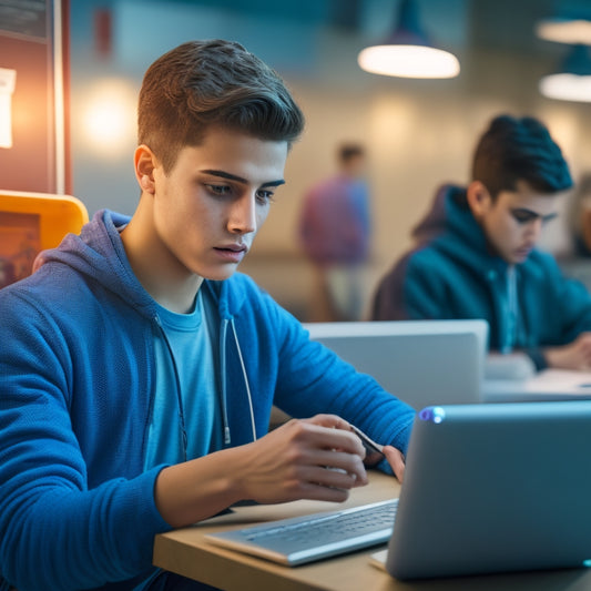 A modern high school student sitting at a desk, surrounded by a laptop, tablet, and e-reader, with a subtle glow emanating from each device, amidst a blurred background of lockers and classrooms.