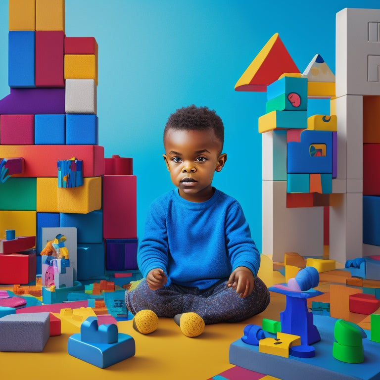 A colorful, stylized illustration of a child surrounded by building blocks, puzzles, and geometric shapes, with digital screens and devices in the background, blending physical and digital play.