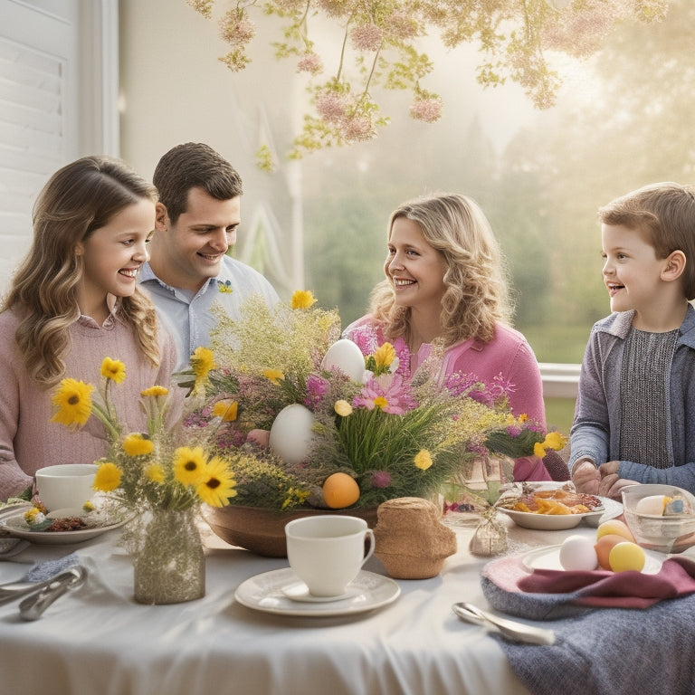 A warm, sunny Easter morning in Bismarck, ND: A joyful family of four (two kids, two adults) gathered around a decorated table, surrounded by blooming flowers and a bunny-shaped centerpiece, sharing laughter and eggs.