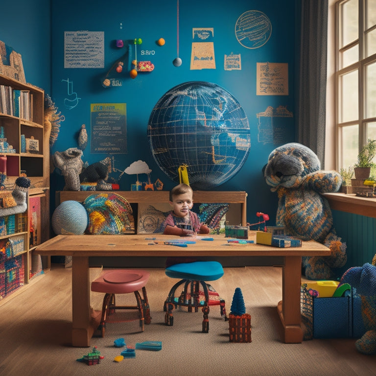 A colorful, clutter-free playroom with a curious child surrounded by learning tools: a globe, building blocks, a microscope, and a chalkboard covered in math equations and artistic doodles.