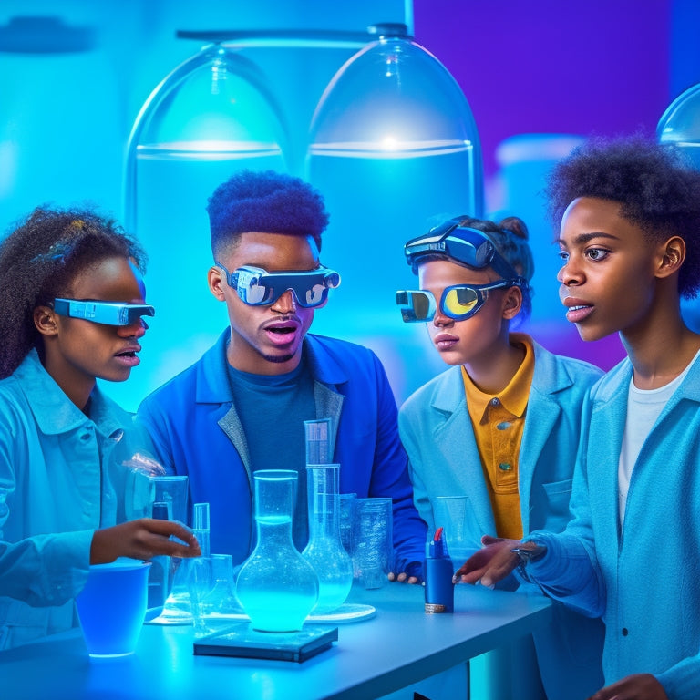 A futuristic laboratory setup with glowing blue beakers, bubbling flasks, and futuristic gadgets, surrounded by happy, diverse students of various ages, all wearing VR headsets and gesturing excitedly.
