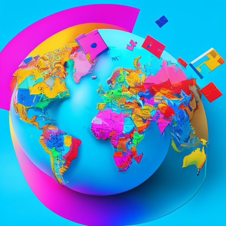 A globe with puzzle pieces fitting together, surrounded by various mobile devices with screens displaying speech bubbles, flags, and linguistic symbols in vibrant colors, set against a bright, gradient blue background.