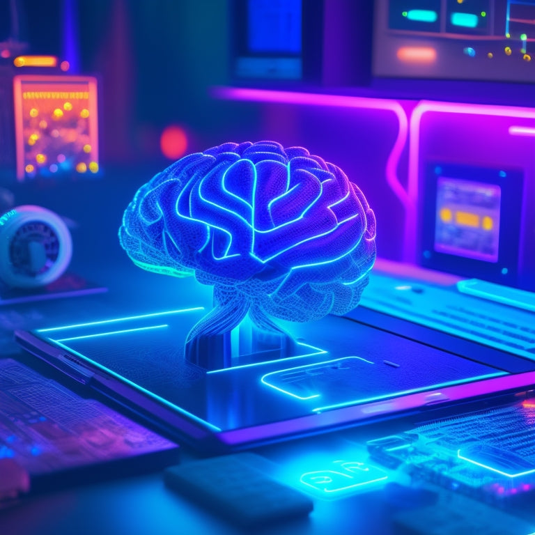A futuristic, neon-lit brain surrounded by orbiting tablets and smartphones, with 3D models of molecules, geometric shapes, and mathematical symbols floating around, connected by glowing circuits and wires.