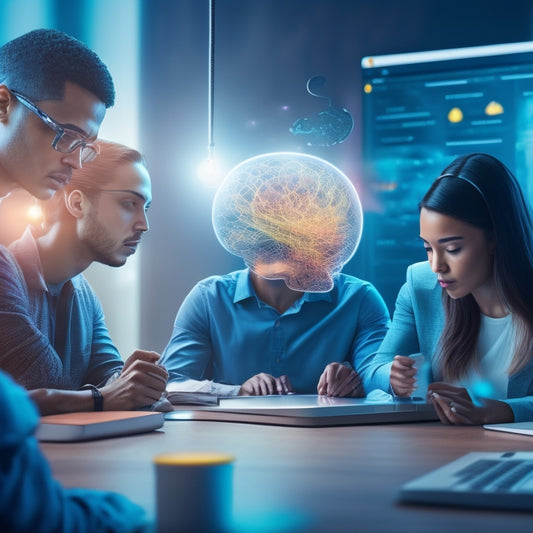 A futuristic, minimalist illustration of a virtual learning environment, featuring a diverse group of students collaborating around a holographic puzzle, surrounded by floating brain icons, gears, and glowing connections.