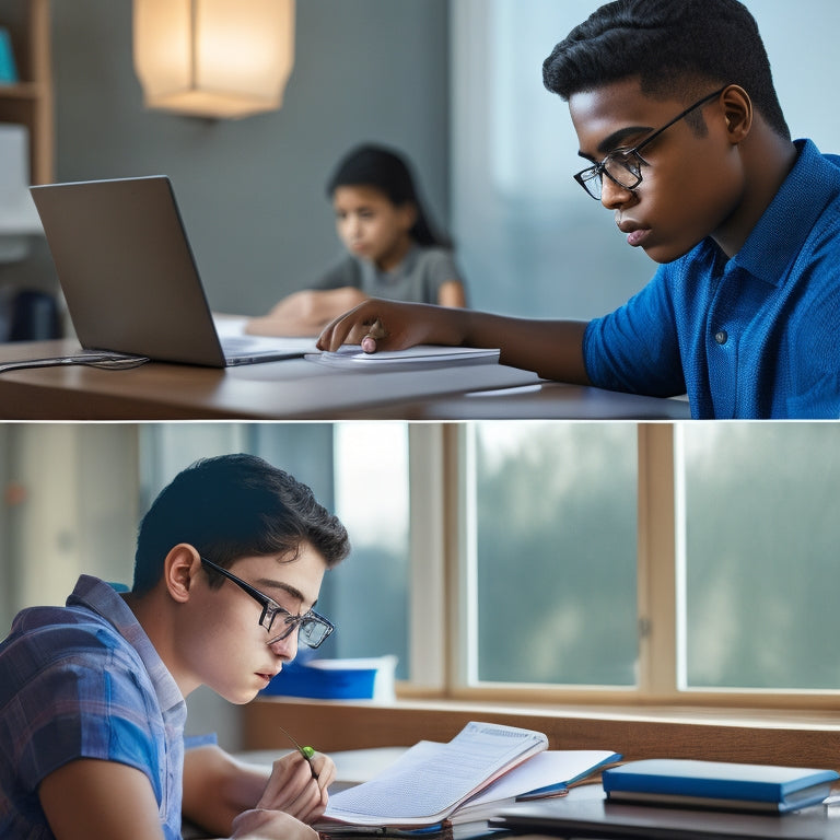 A split-screen image featuring a high school student sitting at a desk with an open laptop, surrounded by math textbooks and notes, contrasted with the same student confidently standing in front of a whiteboard with solved math problems.