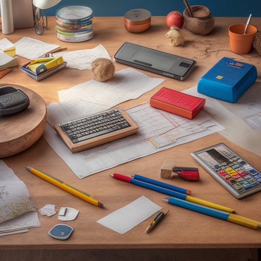 A cluttered desk surface with scattered math textbooks, crumpled papers, and broken pencils, transformed into a tidy workspace with a calculator, protractor, compass, ruler, and a sharp pencil, surrounded by solved math problems.