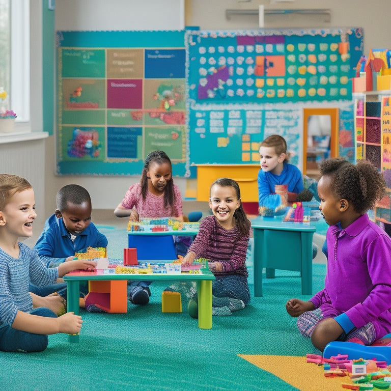 A vibrant, clutter-free classroom with diverse, smiling children (ages 6-10) engaged in various educational games, surrounded by colorful blocks, puzzles, and interactive whiteboards, with a subtle hint of natural light.