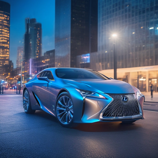A sleek, silver, aerodynamic Lexus concept car with gull-wing doors and glowing blue accents, set against a futuristic, neon-lit cityscape at dusk, with blurred pedestrians in the background.