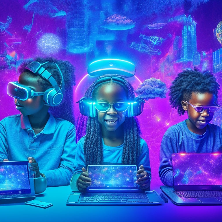 A colorful illustration of diverse kids (ages 6-12) surrounded by virtual reality headsets, tablets, and laptops, engaging with 3D math puzzles, robotic coding, and science simulations, amidst a futuristic, neon-lit background.