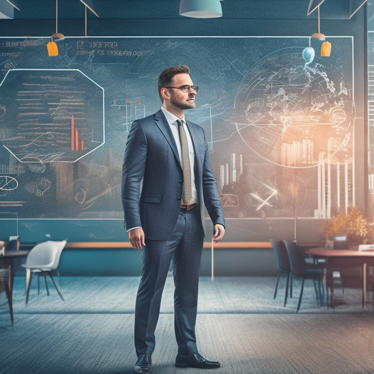A vibrant illustration of a teacher standing in front of a virtual blackboard, surrounded by floating math symbols, laptops, and tablets, with a subtle cityscape or library background.