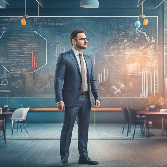 A vibrant illustration of a teacher standing in front of a virtual blackboard, surrounded by floating math symbols, laptops, and tablets, with a subtle cityscape or library background.