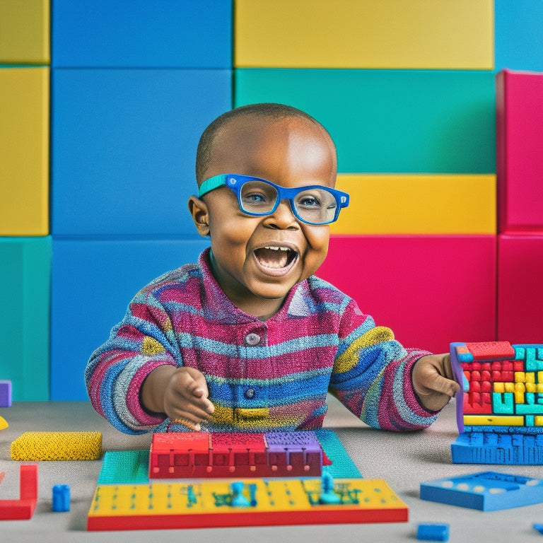 A colorful illustration of a visually impaired child happily playing with tactile math blocks, surrounded by Braille labels and assistive technology devices, with a subtle background of geometric shapes and numbers.