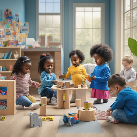 An illustration of a playful, clutter-free room with a diverse group of children (ages 4-8) engaging with various toys: wooden blocks, puzzles, shape sorters, building bridges, and stacking cups, with soft, natural light.