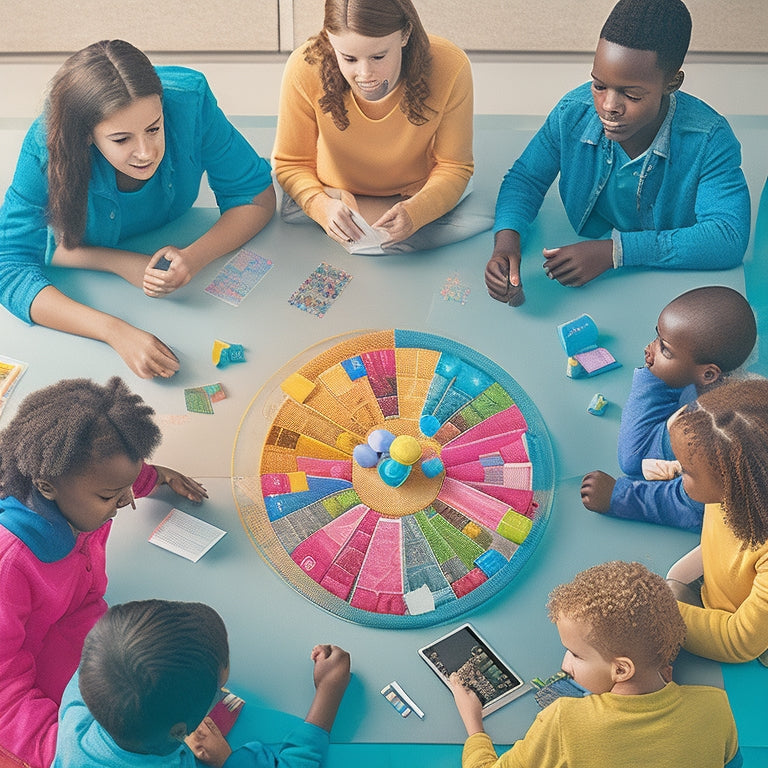 A colorful illustration of a diverse group of students, aged 8-12, sitting in a circle, surrounded by tablets, math manipulatives, and textbooks, with interactive math problems and graphs displayed on screens.