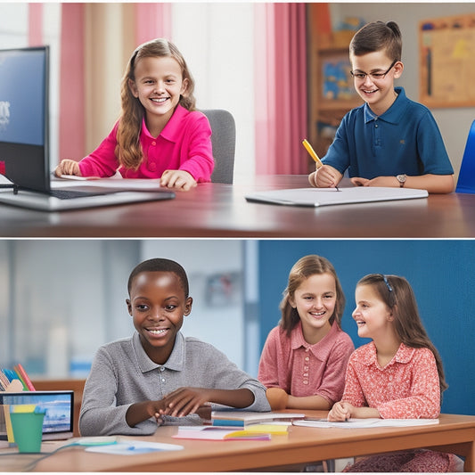 A split-screen image featuring a happy 5th grader sitting comfortably at a desk with a laptop and headphones, alongside a teacher on a virtual whiteboard, surrounded by colorful learning tools and icons.