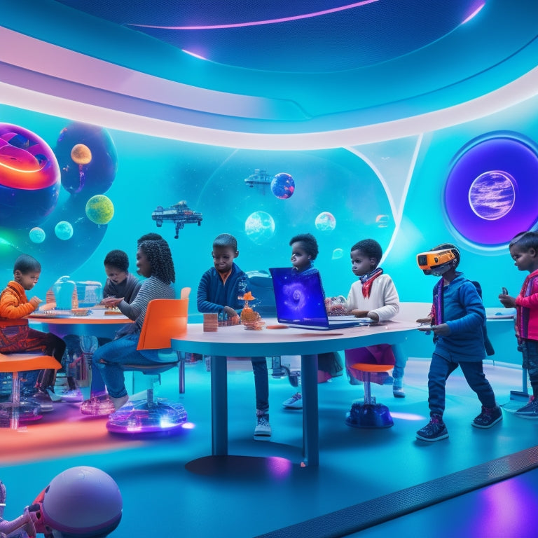 A colorful, futuristic classroom with diverse kids wearing VR headsets, surrounded by floating 3D planets, robots, and atoms, with a giant, glowing DNA helix in the background.