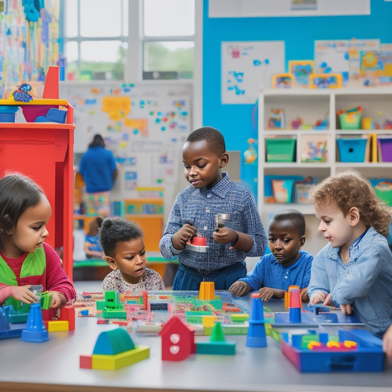 A colorful kindergarten classroom filled with diverse children engaged in hands-on STEM activities: building blocks, magnetic tiles, coding robots, and a microscope surrounded by curious faces and scattered blocks.