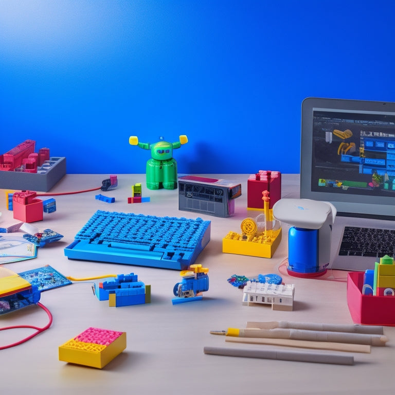 A colorful, clutter-free desk with various coding toys, including a Dash robot, Codeybot, Lego Boost, and Kano Computer Kit, surrounded by building blocks, wires, and coding worksheets.