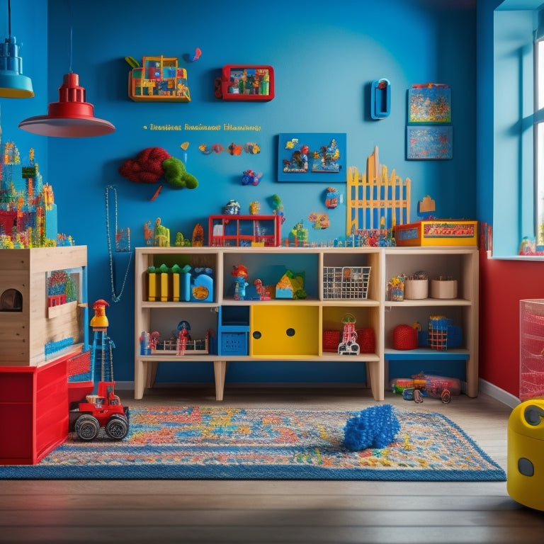 A colorful, clutter-free playroom with various STEM toys and materials, including building blocks, magnetic tiles, a kid-sized microscope, and a miniature robotics kit, arranged to convey curiosity and exploration.