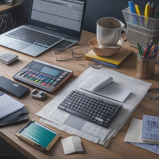 A cluttered desk with an open MacBook surrounded by scattered math textbooks, pencils, and a calculator, with a subtle grid pattern in the background, hinting at graph paper.