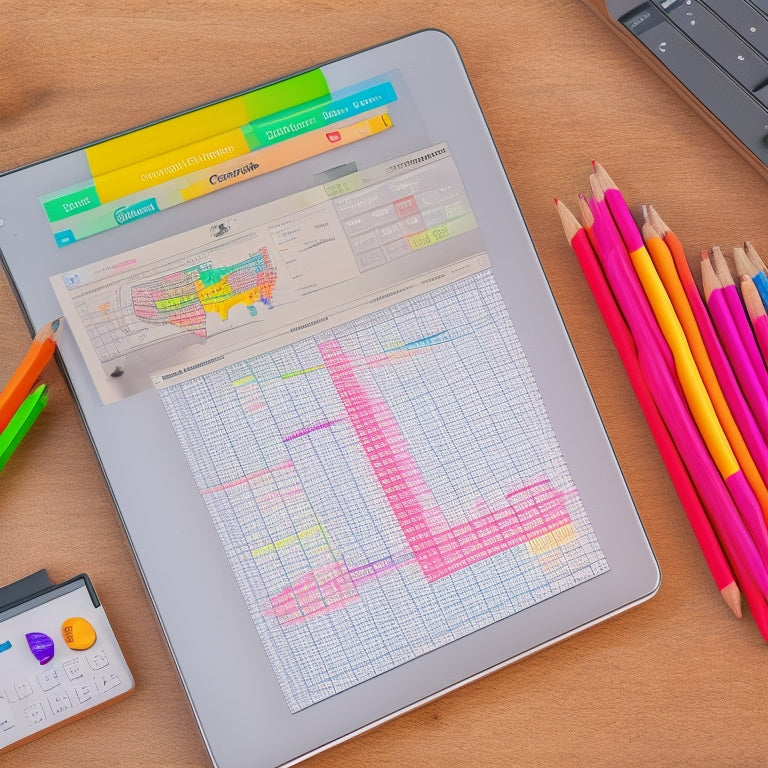 A tablet screen displaying a split-screen comparison of various math learning apps, surrounded by colorful pencils, a calculator, and a subtle background of graph paper.