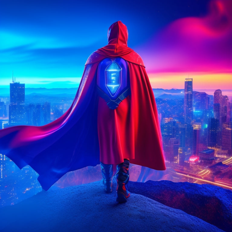 A gamer, clad in a vibrant blue and red superhero suit, stands triumphantly in front of a blurred cityscape, with a gaming controller and cape flowing behind them, surrounded by swirling magic sparks.