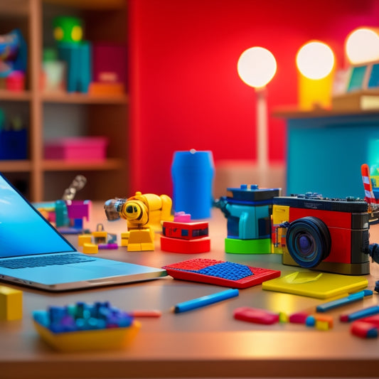 A colorful, clutter-free desk surrounded by a tablet, laptop, and educational toys, including a robot, building blocks, and a microscope, with a subtle, blurred background of a virtual classroom.