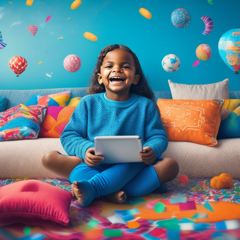 An illustration of a smiling child sitting cross-legged on a colorful rug, surrounded by a tablet, smartphone, and laptop, with various educational app icons floating above, amidst swirling clouds and confetti.