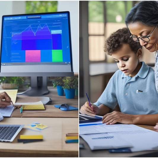 A split-screen image featuring a parent sitting at a desk with a laptop, surrounded by papers and pencils, on one side, and a colorful, interactive math dashboard with charts and graphs on the other.