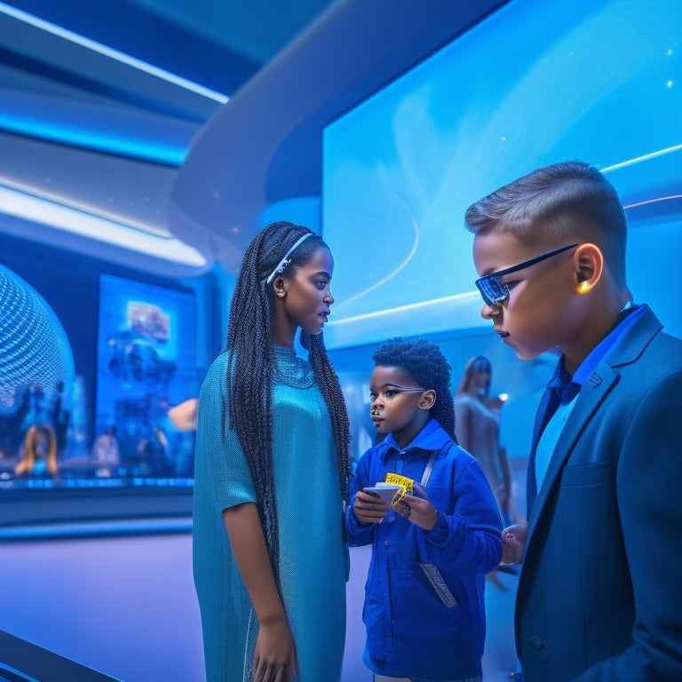 A futuristic, sleek, and modern virtual museum interior with interactive STEM exhibits, holographic displays, and diverse students of different ages and abilities engaging with virtual reality headsets and tablets.