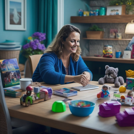 A busy mom sitting at a kitchen table surrounded by toys and kids' books, with a laptop and a few flashcards in front of her, and a calm, organized expression on her face.