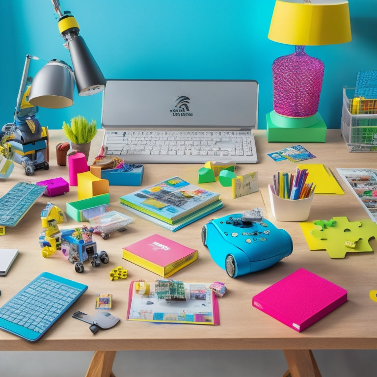 A colorful, clutter-free desk with a laptop, coding books, and educational toys like robotic blocks, puzzle pieces, and a miniature robot, surrounded by scribbled notes and diagrams, conveying a sense of excitement and discovery.