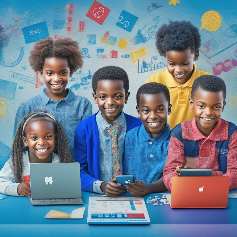 A colorful illustration of a diverse group of happy children, aged 6-12, surrounded by tablets, laptops, and smartphones, with math-related icons and graphics floating around them, amidst a subtle background of math equations and formulas.