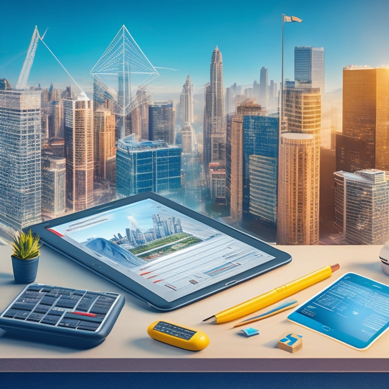 An illustration of a digital landscape with a math-focused cityscape, featuring a tablet with a geometry app, a laptop with a graphing calculator, and a smartphone with a math game, surrounded by subtle Common Core symbols.