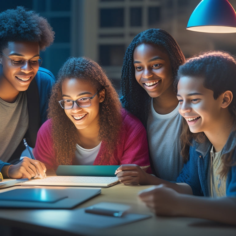 An illustration of a smiling, diverse group of 4-6 high school students gathered around a laptop, surrounded by algebra textbooks and notes, with a glowing light emanating from the screen.