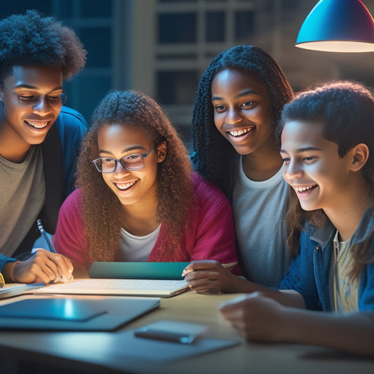 An illustration of a smiling, diverse group of 4-6 high school students gathered around a laptop, surrounded by algebra textbooks and notes, with a glowing light emanating from the screen.