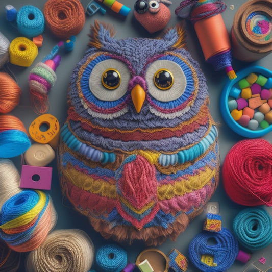 A whimsical illustration of a smiling cartoon owl surrounded by colorful embroidery hoops, threads, and needles, amidst a scattered background of alphabet blocks, crayons, and puzzle pieces.