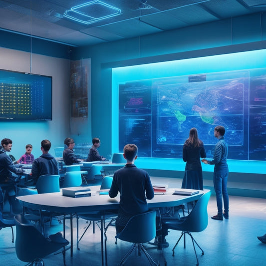 Illustrate a vibrant, futuristic classroom with a large, glowing algebra formula on the chalkboard, surrounded by laptops and tablets displaying interactive math lessons and virtual manipulatives.