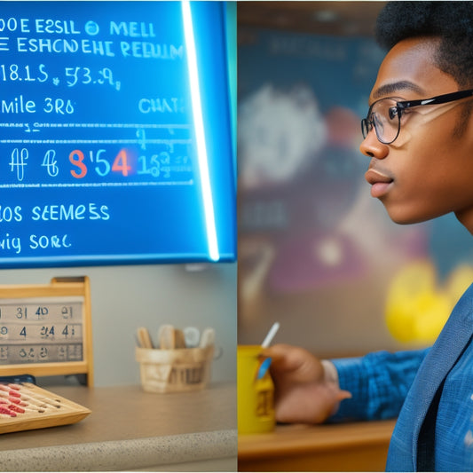 A split-screen image featuring a puzzled ESL student surrounded by mathematical symbols and equations on a blackboard, contrasted with a confident native speaker effortlessly solving a math problem on a clean whiteboard.