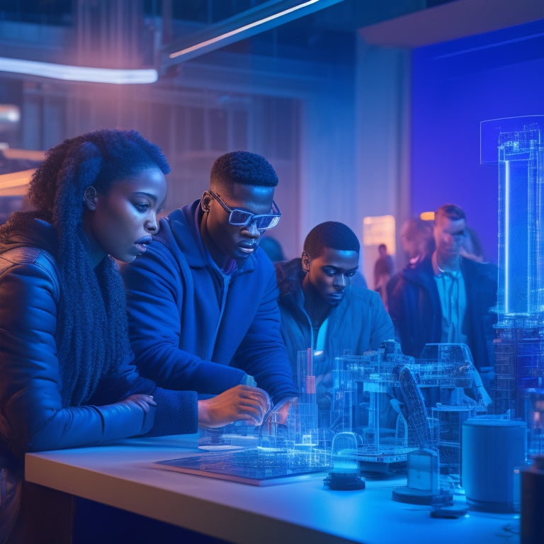 A futuristic, neon-lit laboratory with students of diverse backgrounds gathered around futuristic prototypes, surrounded by 3D printers, robots, and holographic screens, with a cityscape at dusk in the background.