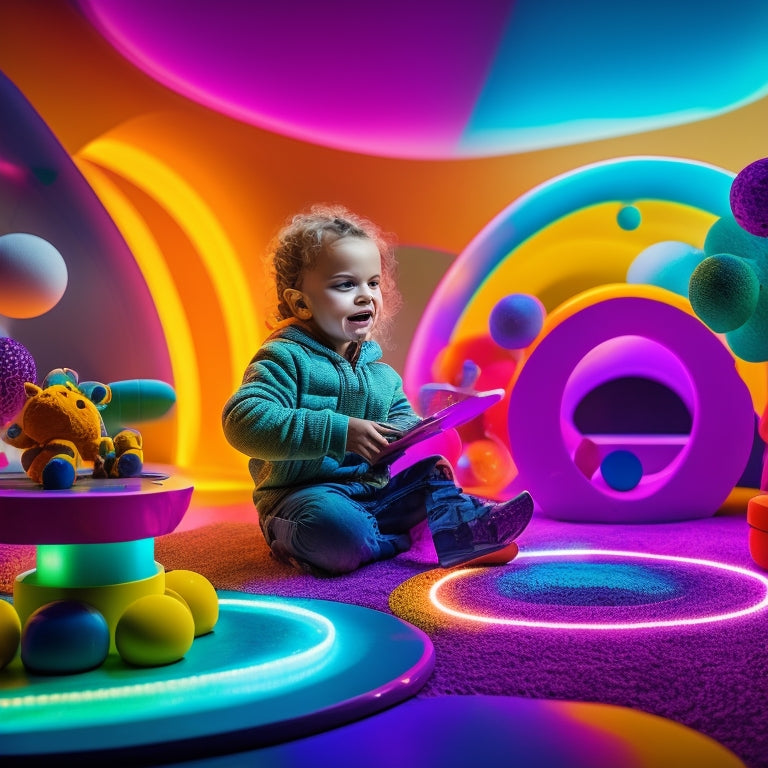 A colorful, futuristic playspace with Tiggly toys and tablets scattered around, featuring a happy, curious child in the center, surrounded by swirling shapes and interactive light beams.